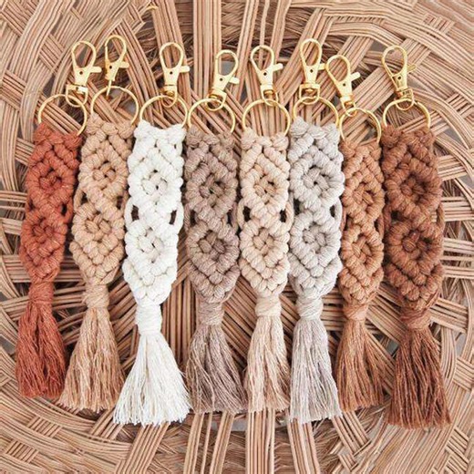 Fashion Handmade Boho Woven Macrame Keychain UV Printed Cotton Rope Tassel Keychain   Bag Accessories
