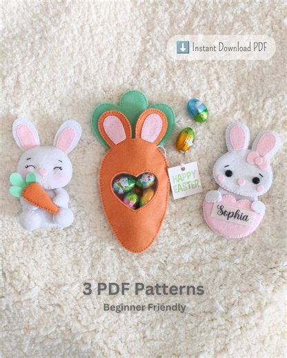 Easter Bunny Felt Pattern Set, Carrot Treat Holder, Personalized Bunny Egg, PDF Sewing Pattern, DIY Easter Decoration, Beginner Felt Project - Etsy