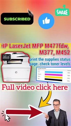 How to print the supplies status page on an HP LaserJet MFP M477fdw, M377, m452 Printer. #shorts