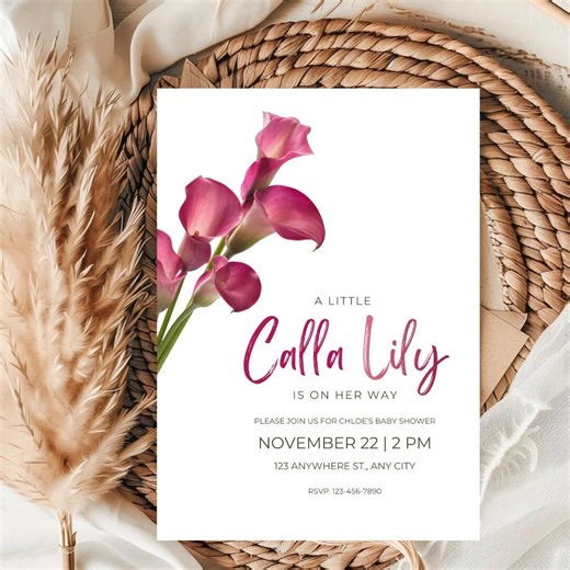 Calla Lily Baby Shower Invitation | Minimal Pink Floral Canva Template, Elegant Editable Digital Invite - Etsy