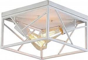 Fivess Lighting Modern Farmhouse Flush Mount Light Fixture Two-Light Rustic Metal Square Semi Flush Mount Ceiling Light for Hallway Bedroom Kitchen Entryway Dining Room, White with Gold