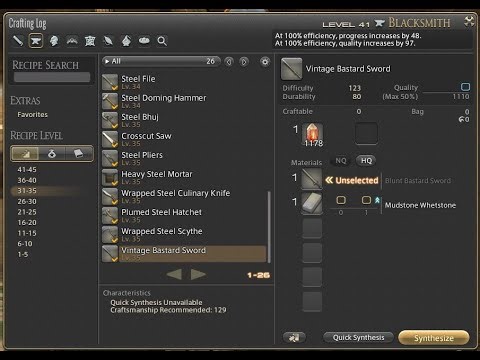 FFXIV Blacksmithing Levels 31-35 Recipes