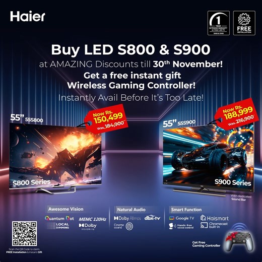 1.7M views · 3.4K reactions | AMAZING DISCOUNTS ON 11.11! Get exclusive discounts on Haier’s S800 & S900 LED TVs and enjoy a FREE wireless gaming controller with every S800 or S900 purchase! Don’t miss out—this offer is valid only until 30th November! #Haier #LEDTV #1111Offer #GamingController #MoreCreation #MorePossibilities | Haier | Facebook
