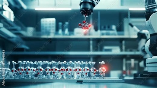 Precision Robotic Arm Dispensing Red Medicine in High-Tech Pharmaceutical Lab | Automated Drug Manufacturing and Quality Control | Advanced Biotech Innovation for Healthcare