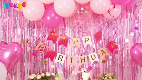 Jobkoo Pink Birthday Decorations for Girls, Hot Light Pink Balloon Garland Arch Kit Happy Birthday Banner Foil Curtain Heart Star Foil Party Balloons for Princess Party Decor