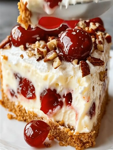 Cherry Pecan Cheesecake Lush A creamy, crunchy, cherry-filled dream layered over a buttery graham crust. Yield: 12 servings | Chill Time: 4 hrs | No Bake Key Ingredients First: 1 cup pecans, chopped 1 package (8 oz) cream cheese, softened 1 cup heavy whipping cream 1 can (21 oz) cherry pie filling ................................. Full Recipe in First Cօʍʍеոτ 👇 | Slice of Heaven