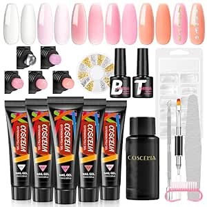 Poly Nail Gel Kit Starter Kit for Beginners with Everything 5PC Poly Extension Gel Nude Pink Colors with Slip Solution Nail Art Glitter Decorations Gel Manicure Kits DIY Gift for Women