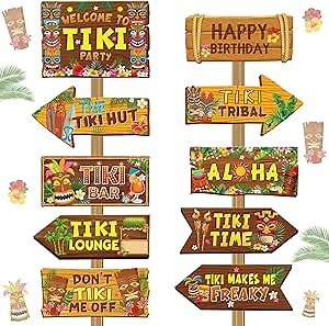 Colarr 20 Pieces Tiki Totem Birthday Party Decorations Hawaiian Luau Party Directional Sign for Aloha Hawaii Luau Tropical Supplies, 10 Styles