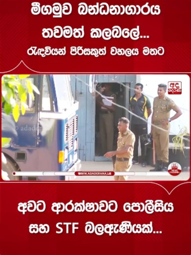 මීගමුව බන්ධනාගාරය තවමත් කලබලේ... රැඳවියන් පිරිසකුත් වහලය මතට අවට ආරක්ෂාවට පොලීසිය සහ STF බලඇණියක්... මීගමුව බන්ධනාගාරයේ රැඳවියන් දෙපිරිසක් අතර අද (05) දහවල් හටගත් ගැටුමෙන් පසුව එම ප්‍රදේශයේ ආරක්ෂාව දැඩි කර තිබේ. මේ වනවිට තුවාල ලැබූ රැඳවියන් 35 දෙනෙකු මීගමුව සහ කොළඹ ජාතික රෝහල් වෙත ඇතුළත් කර ඇත. කෙසේවෙතත් ගැටුමින් අනතුරුව කාන්තා රැඳවියන් සහ පිරිමි රැඳවියන් දෙපිරිස වෙන වෙනම බන්ධනාගාර වහලය මතට නැග විරෝධතාවයකට එක්ව තිබේ.