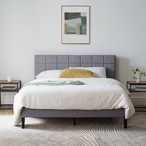 Mainstays Gray Upholstered Square Tufted Platform Bed, No Box Spring Needed, King