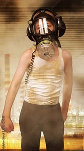 Child wearing vintage gas mask with an apocalyptic background in vertical