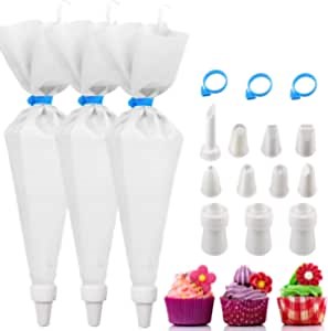 Reusable Piping Bags and tips - Silicone Icing Pastry Bags Cake Cookies Decorating Supplies for Baking (12”+14”+16”) Frosting Bags,3 Couplers,3Silicone Rings& 8Piping tips (Silicone)