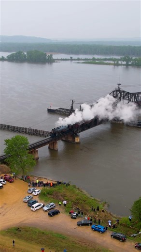 CPKC 4-6-4 #2816 crossing the Sabula Railroad Bridge over the Mississippi into Sabula, IA. #reels #reelsfb #train #drone #railroad #railway #steam #Mississippi #river #bridge #asmr #video | Craig Hensley Photography