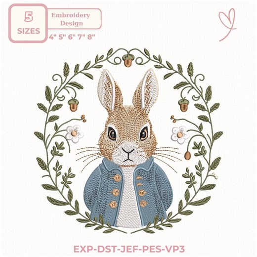 Woodland Bunny Embroidery Design – Vintage Rabbit in Floral Wreath Machine Embroidery File , 5 Sizes, Dst, Des, Exp, Jep, Vp3 - Etsy