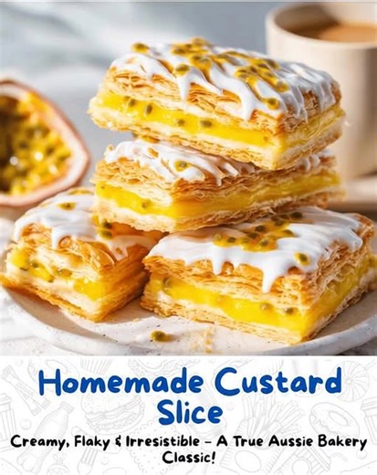 Homemade Custard Slice (Original & Easy) Ingredients For the custard filling: 3 cups whole milk 4 tbsp cornstarch 4 tbsp sugar 2 egg yolks 1 tsp vanilla extract 2 tbsp butter For the layers: 2 sheets puff pastry (or plain tea biscuits if you prefer no-bake) Instructions Bake puff pastry sheets at 200°C (400°F) for 12–15 minutes until golden and crisp. Let them cool. In a saucepan, whisk milk, sugar, cornstarch, and egg yolks. Cook on medium heat, stirring constantly until the mixture thickens. R
