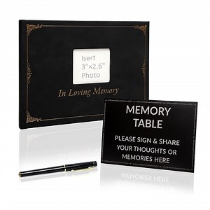 [Hot Item] Funeral Guest Book with Picture Pocket Gold Embossed Leather Hardcover Signature Memory Celebration of Life Sign in Book