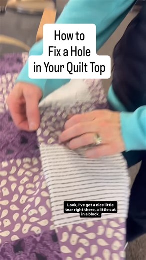 Handi Quilter Inc. | Longarm Quilting on Instagram: "How to Fix a Hole in Your Quilt Top A quilter accidentally nicked her quilt top with a rotary cutter 🫠. Not to worry, though! Kim of @kimkwilts showed her an easy way to repair the hole with fusible interfacing. How would you have repaired this quilt top? #QuiltingTip"
