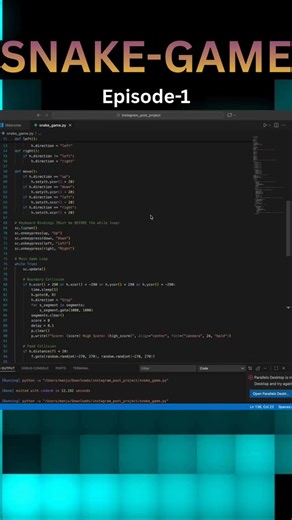 ProProject on Instagram: "Want to give it a try? DM 'code' for the source code! Built a full-screen Snake Game using Python's Turtle graphics library - no extra installs needed! Added dynamic screen sizing and edge detection for seamless gameplay on any monitor. #Python #SnakeGame #TurtleGraphics #PythonProjects #gamedevelopment"