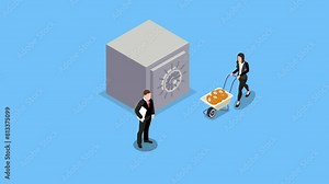 Bitcoin miner put btc coins in a safety vault isometric 3d animation cartoon