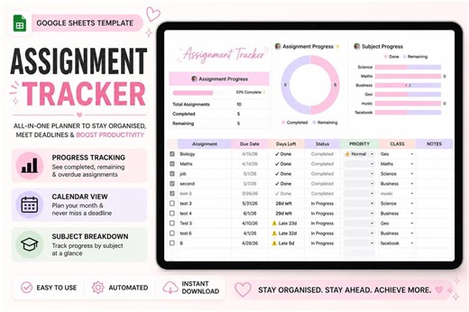 Student Assignment Tracker Google Sheets, Homework Planner, Study Planner Template, Academic Planner, College Organizer - Etsy