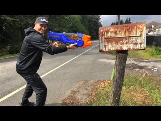 Mailbox mayhem: Nerf Rival drive-by challenge in a Dodge Challenger!