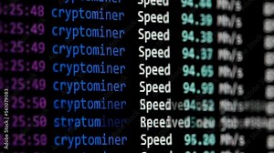 Cryptocurrency mining on a computer screen by a command line interface. Digital code about blockchain tools for mining cryptocurrencies.