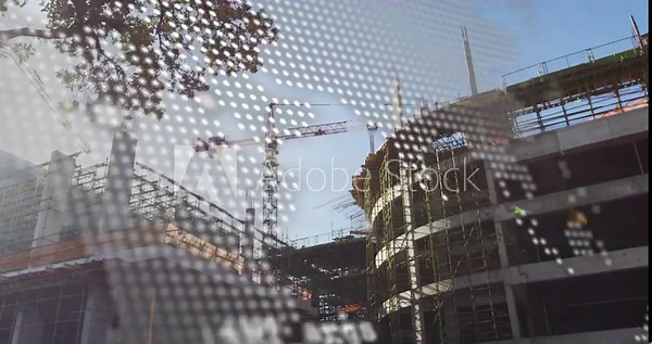 Code overlays dissolving to reveal crane adjusting and worker stepping onto scaffold surveying site