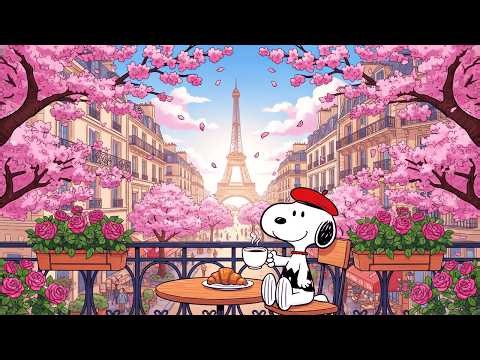 Paris Spring Café Lofi Mix 🌺 Snoopy’s Cozy Balcony under Cherry Blossoms | Relaxing Beats for Study