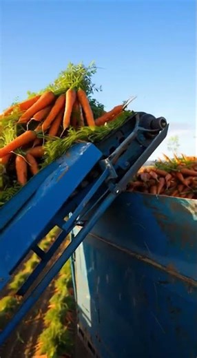 A modern green tractor harvesting carrots in a vast agricultural field