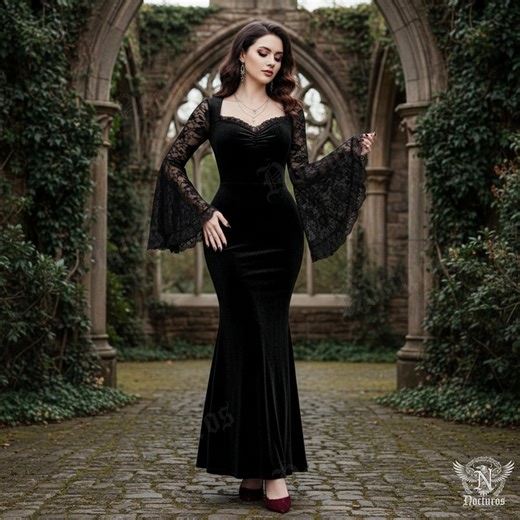 Victorian Witch Lace Long Dress With Flared Sleeves Gothic Gown - Etsy