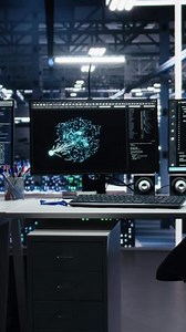 Vertical Computer systems in data center managing network resources using artificial intelligence tech. PC equipment with visual programming tools enabling efficient data processing and storage