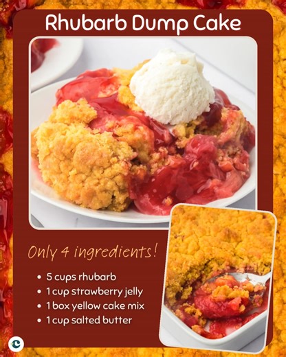RHUBARB DUMP CAKE - only 4 ingredients! - 5 cups rhubarb - 1 cup strawberry jelly - 1 box yellow cake mix - 1 cup salted butter | Crayons & Cravings