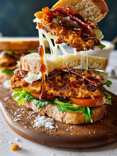 Sandwich BLT au Poulet Croustillant & Confit d’Oignons Caramélisés Accroche : Une version gourmande du BLT classique — poulet pané croustillant, bacon fumé, laitue croquante et confit d’oignons caramélisés, le tout entre deux tranches de pain au levain grillé avec une touche de mayonnaise crémeuse. Le réconfort à l’état pur. Portions : 2 sandwiches Temps : 30 minutes Ingrédients Ingrédients principaux : 2 poitrines de poulet désossées, aplaties finement ....................... 👉 Recette complèt