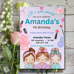 Spa Girls Birthday Party Invitation, Little Girl Spa Birthday Pink Invite, Pamper Pink Bow Party Invitation, Glam Party Invite, Canva DIY - Etsy