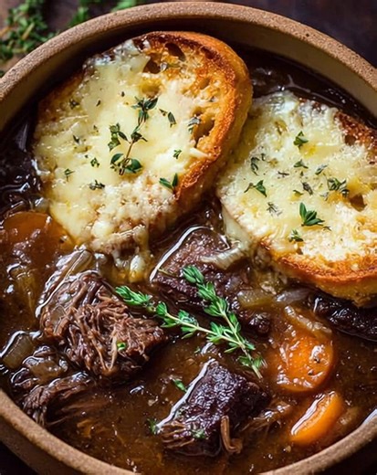 French Onion Short Rib Soup with Cheesy Gruyère Toast(No Wine) Ingredients: For the Soup: 2 lbs bone-in beef short ribs 2 tablespoons olive oil 4 large yellow onions, thinly sliced 4 cloves garlic, minced 6 cups beef broth (low sodium) 1 tablespoon balsamic vinegar | Mommy need Recipes