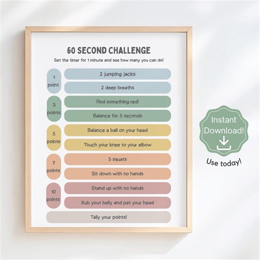 60 Second Challenge Printable, Kids Movement Activity Chart, Brain Break Poster, Classroom Game, Physical Education Print - Etsy