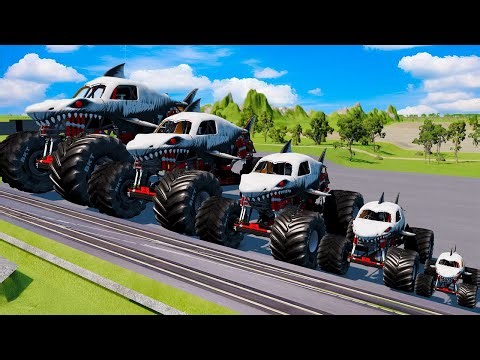 Big & Small Long Monster Jam Megalodon vs Trains | BeamNG.drive