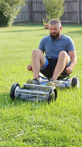 Sit down reel mower is a game changer 💯 #reelsvideo #lawncare #mowing #howto #diy #custommade #project #fun #fyp | Buildadadgarage