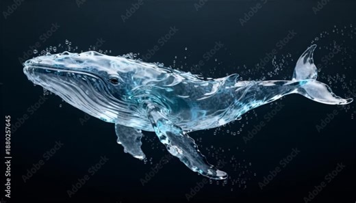 animation 3D of whale silhouette made of flowing water particles for world whale day and ethereal ocean conservation concept