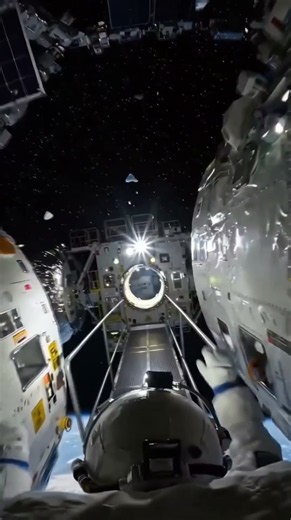 An astronaut's work in outer space. First-person view.