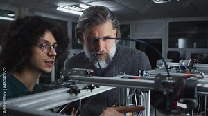 Pan around view of young male designer with curly hair showing and explaining work of 3D printer to mature bearded colleague during work in contemporary studio