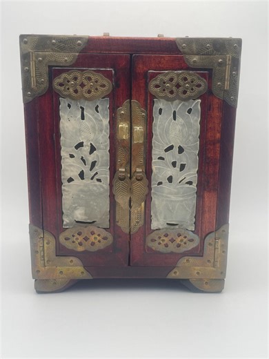 Vintage Chinese Jewelry Cabinet: Carved Soapstone, Brass Hardware, Lacquered Wood Storage Box - Etsy