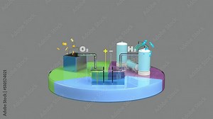 A video showing a fuel cell, hydrogen production, and hydrogen storage. Hydrogen is produced by water electrolysis, hydrogen is stored, and electricity is produced by fuel cells.