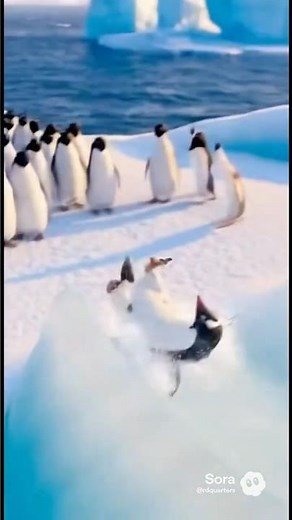 Penguins having fun on icy slide!