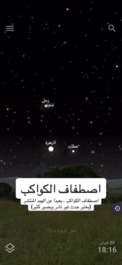 ينشافون حتى ٢ مارس تقريبا واستخدموا تطبيق stellarium عشان يدلكم عليهم وبس ، وهم قالوا الاصطفاف يوم ٢٨ فبراير لانه بختصار افضل وقت لرؤيتهم مع بعض وبعده بيقرب عطارد للافق اكثر وتصعب رؤيته مع الايام الجاية #اصطفاف_الكواكب #الكواكب #حدث #فلكي #ناسا