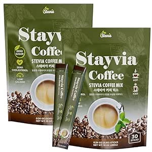 STAYVIA COFFEE Stevia Instant Coffee Packets - Korean Instant Latte with Sugar-Free & Low Calories - 60 Sticks (0.33oz) - Plant-Based Sweetener - Enjoy Caffeine Hot & Cold at Office, Home & Travel