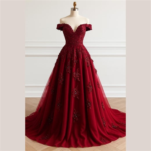 Dark Red Gothic Red Tulle Ball Gown With Hand Embroidery, Dark Fantasy off Shoulder Prom Dress, Formal Wedding Dress - Etsy