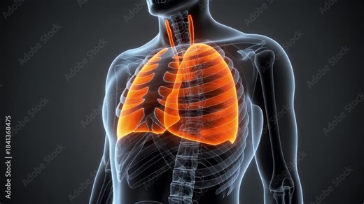 Detailed 3D render of the human respiratory system, focusing on the lungs and rib cage in a transparent body outline