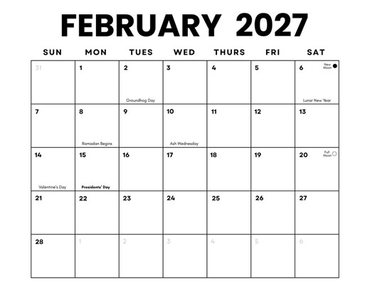 February 2027 Minimalist Calendar: US Holidays & Moon Phases (printable PDF) | Sunday   Monday Start | Instant Download - Etsy UK