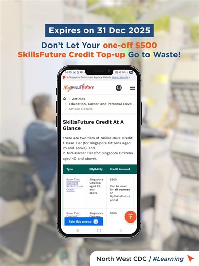 Don’t Let Your $500 Go to Waste! 💡 All Singapore Citizens aged 25 and above (as of 31 Dec 2020) received a one-off $500 SkillsFuture Credit Top-up to support lifelong learning. You can use it for any course listed on the MySkillsFuture portal - from professional development to personal interests. Start browsing courses today and invest in your future before your credits expire on 31 December 2025. ✨ Here’s how to make the most of your credits: 🔍 Filter by “Upcoming Dates” and “Ratings” for qua